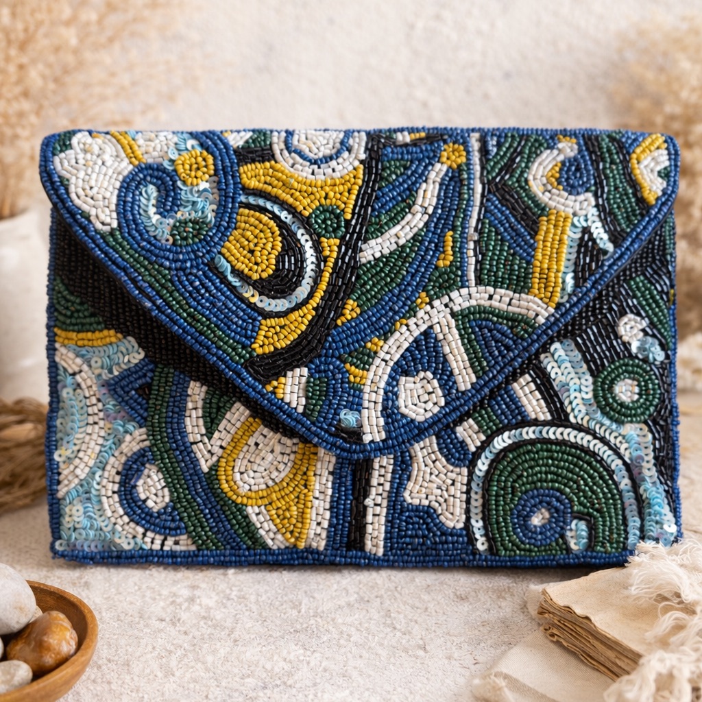 Beaded Envelope Clutch In Blue, Green & Yellow
